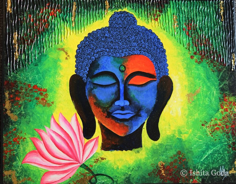 Painting of a meditating Buddha in deep blue and orange, haloed in yellow and green, with a pink lotus at lower left.