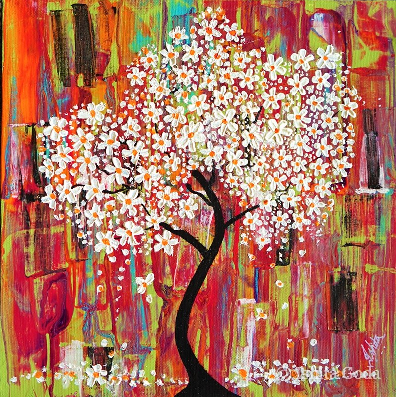 Painting of a dark slender tree covered in white blossoms, set against thick vertical strokes of red, pink, lime and orange.