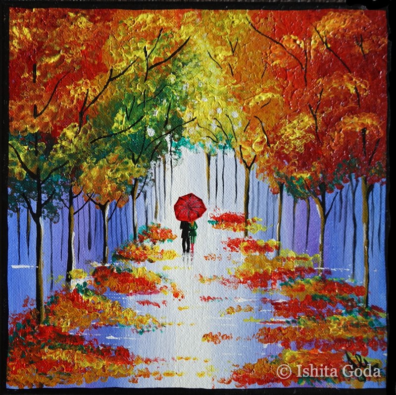 Painting of two figures under a red umbrella walking down a pale lavender path between rows of red, orange and yellow autumn trees.