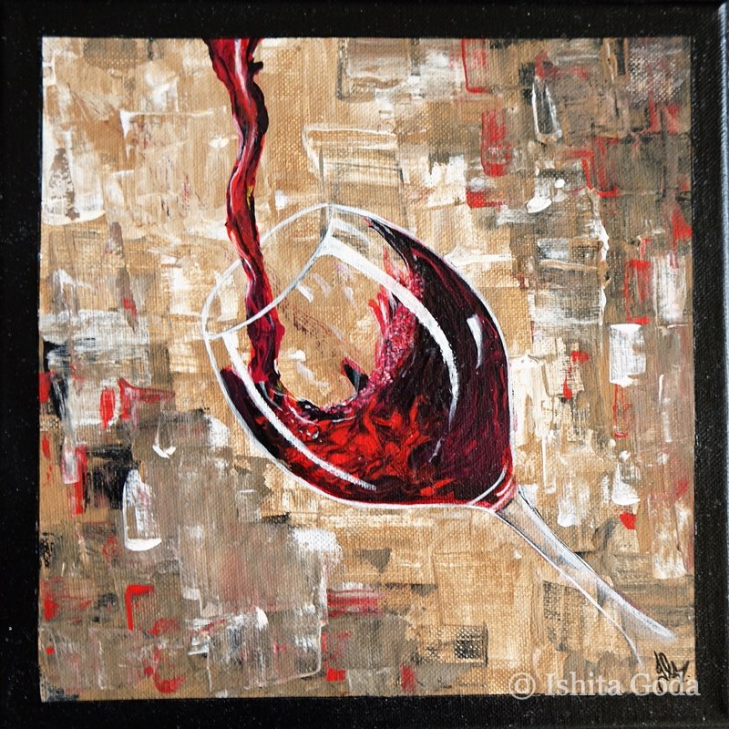 Painting of red wine pouring into a tilted wine glass, over a textured background of beige, white and grey with flecks of red.